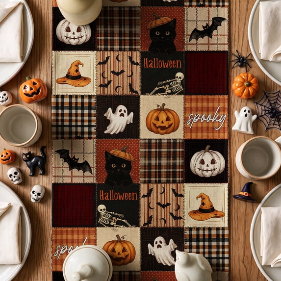 Patchwork Ghost Pumpkin Black Cat Bat Skeleton Witch Hat Halloween Table Runner, Seasonal Ghost Kitchen Dining Table Decoration for Home Party Decor