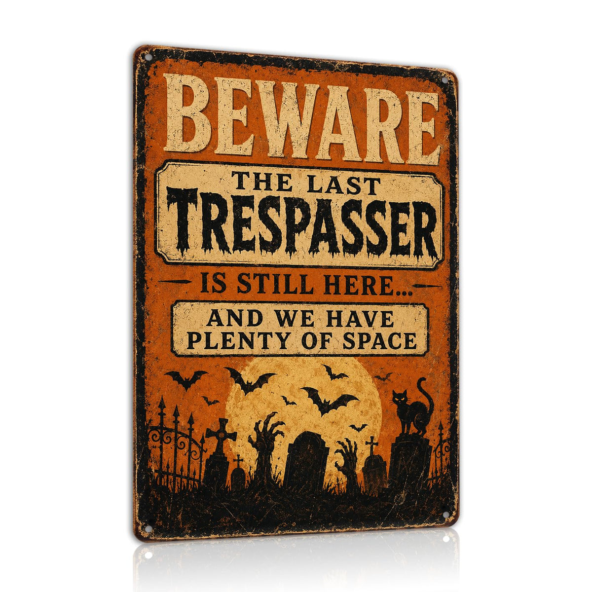 Halloween Beware Trespasser Metal Sign, Spooky Graveyard Wall Decor, Vintage Gothic Cemetery Sign, Rustic Outdoor Halloween Decoration