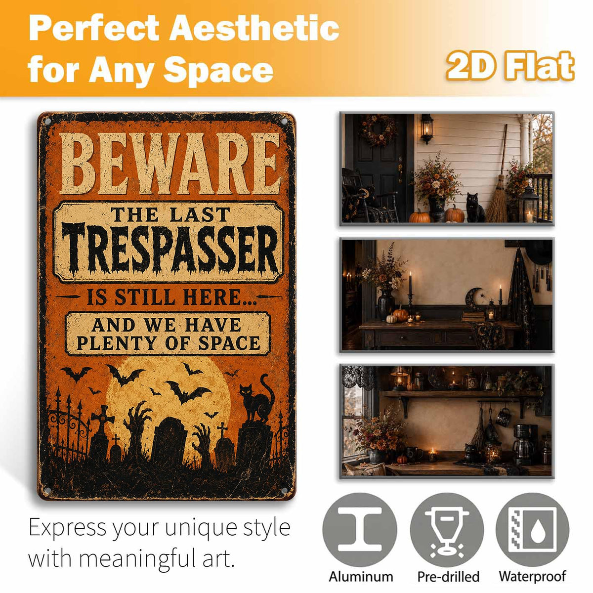 Halloween Beware Trespasser Metal Sign, Spooky Graveyard Wall Decor, Vintage Gothic Cemetery Sign, Rustic Outdoor Halloween Decoration