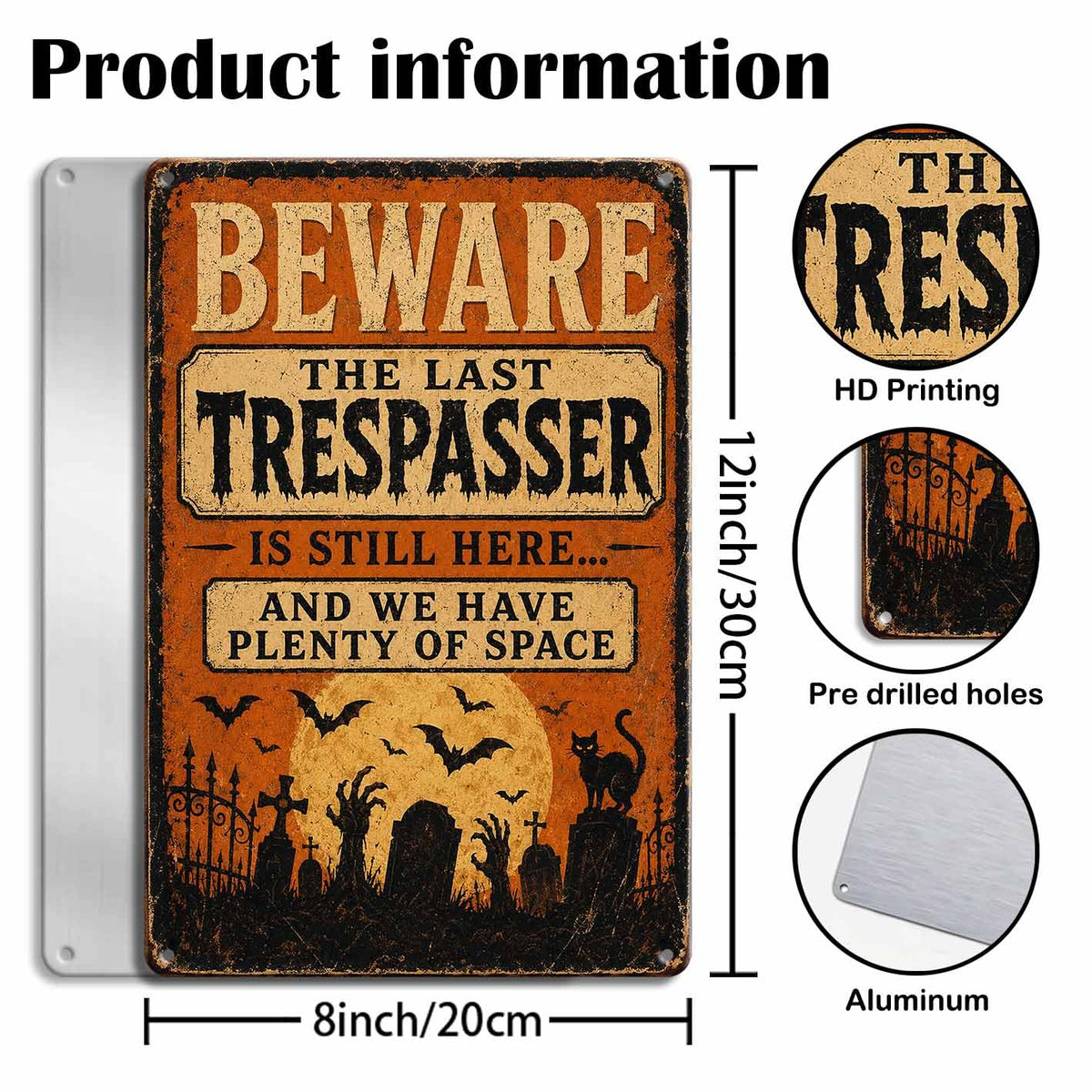 Halloween Beware Trespasser Metal Sign, Spooky Graveyard Wall Decor, Vintage Gothic Cemetery Sign, Rustic Outdoor Halloween Decoration