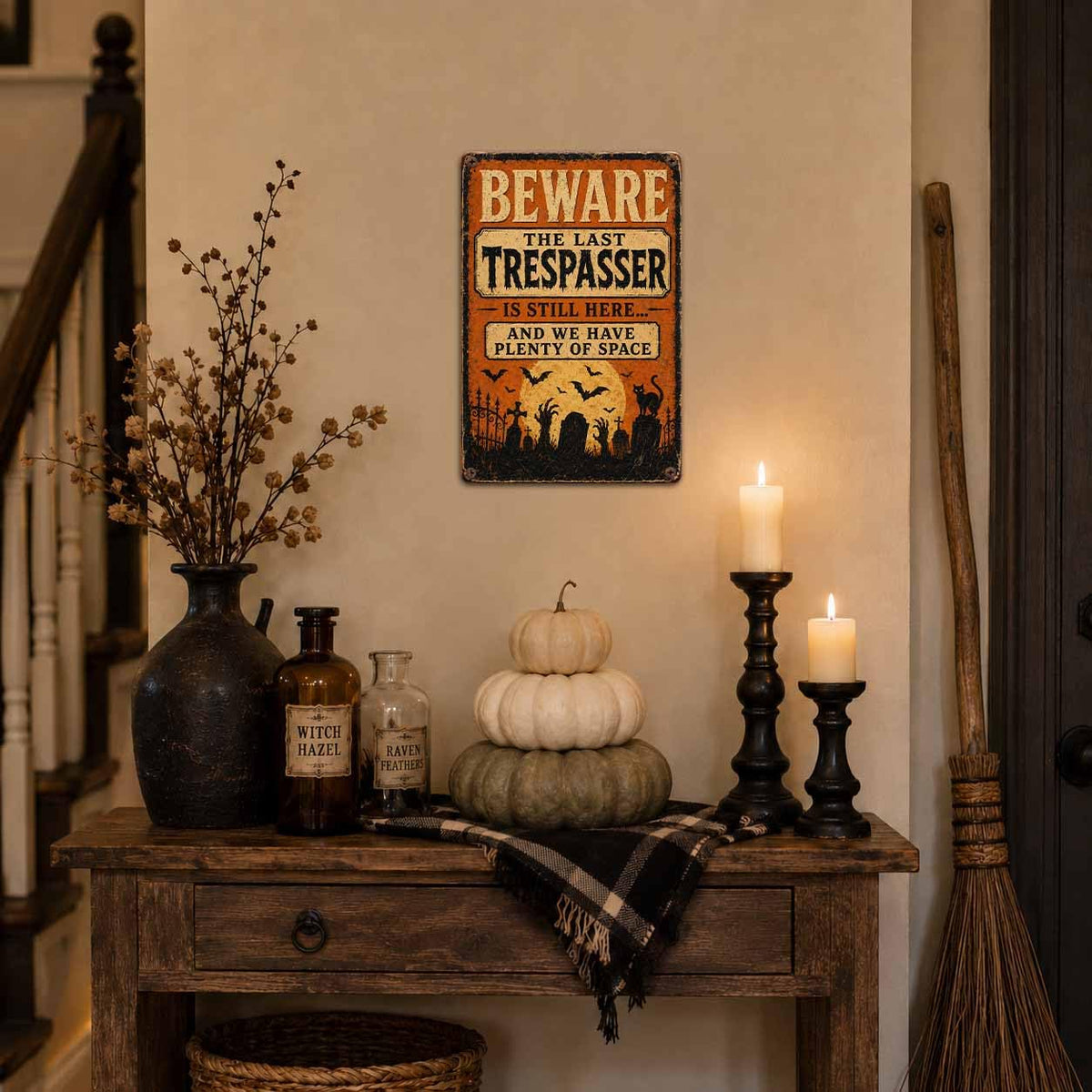 Halloween Beware Trespasser Metal Sign, Spooky Graveyard Wall Decor, Vintage Gothic Cemetery Sign, Rustic Outdoor Halloween Decoration