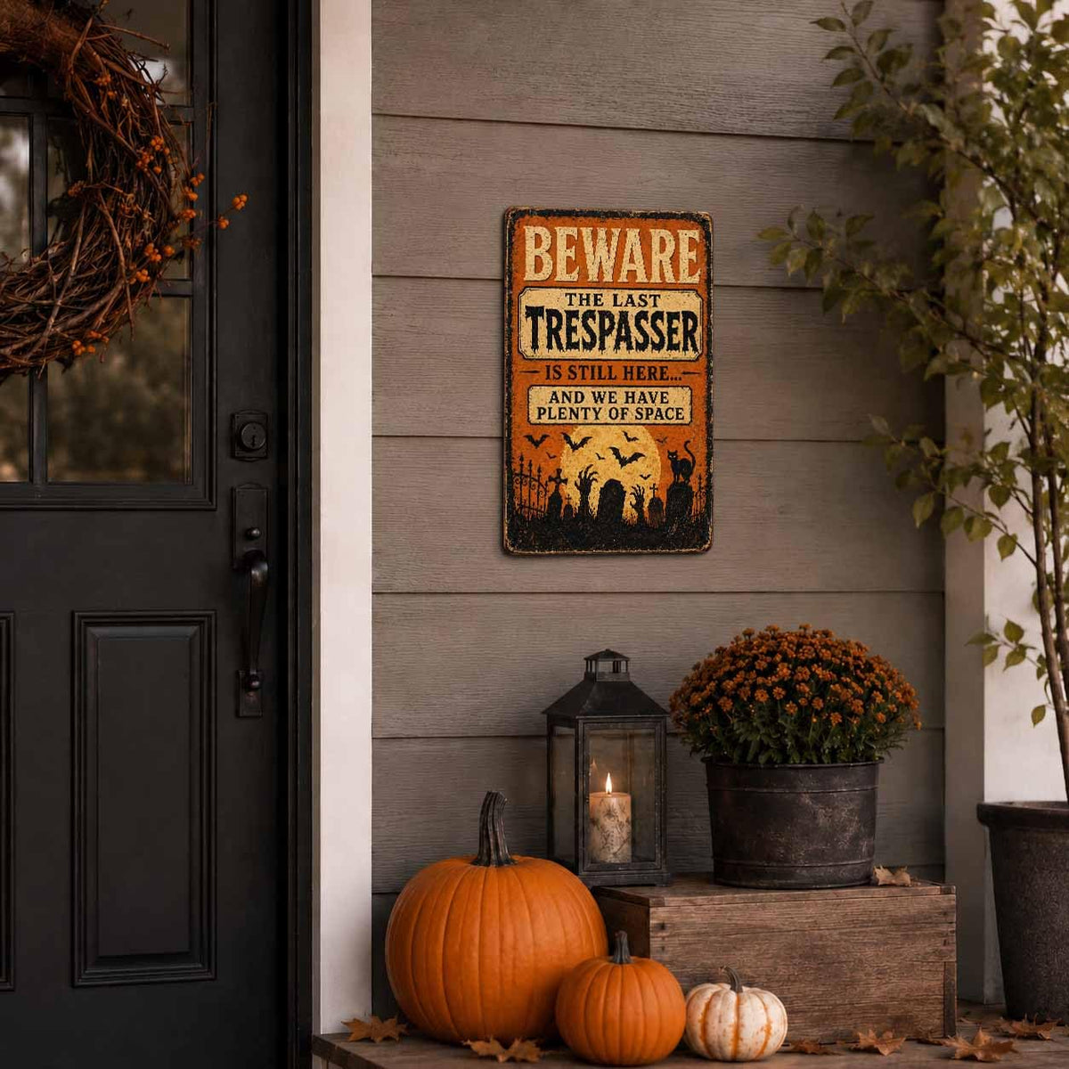 Halloween Beware Trespasser Metal Sign, Spooky Graveyard Wall Decor, Vintage Gothic Cemetery Sign, Rustic Outdoor Halloween Decoration