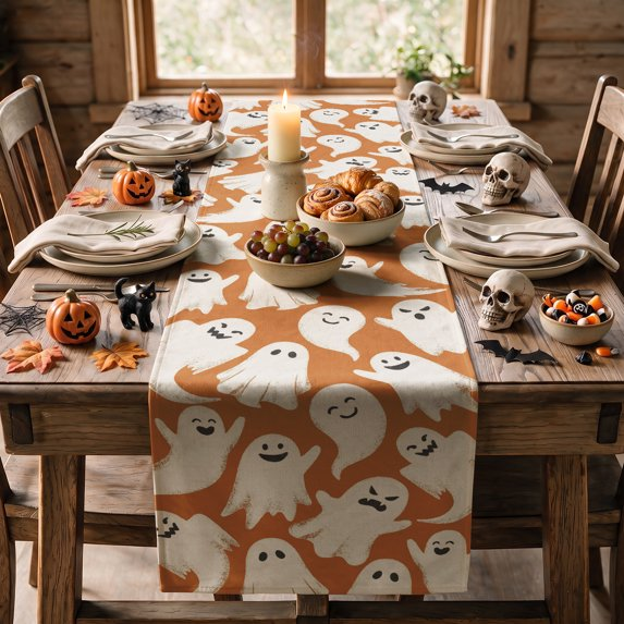 White Ghost Halloween Table Runner, Seasonal Fall Kitchen Dining Table Decoration for Home Party Decor, Orange