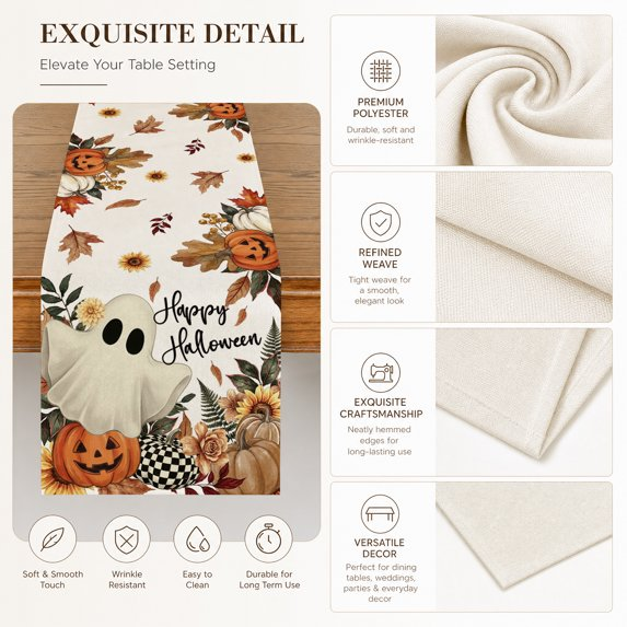 Ghost Pumpkins Maple Leaves Halloween Table Runner, Seasonal Fall Kitchen Dining Table Decoration for Home Party Decor