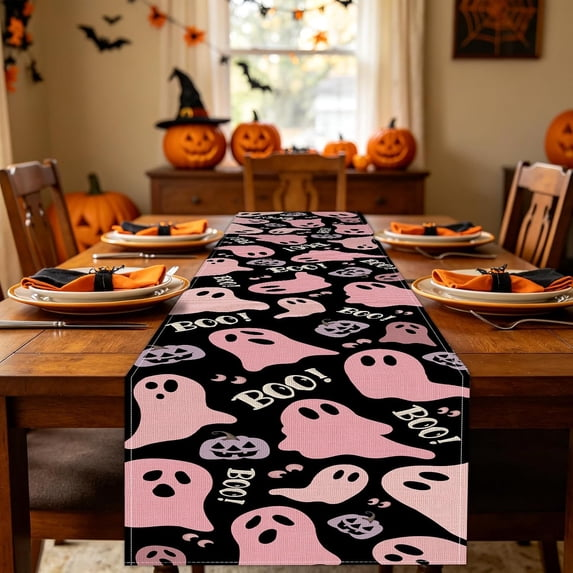 Halloween Cute Ghost Boo Dining Table Runner, Pink Spooky Bat Burlap Kitchen Decoration, Funny Pastel Indoor Outdoor Home Decor Party Supply