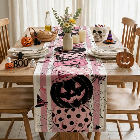 Polka Dot Pink Pumpkin Witch Hat Spider Web Ghost Bat Halloween Table Runner