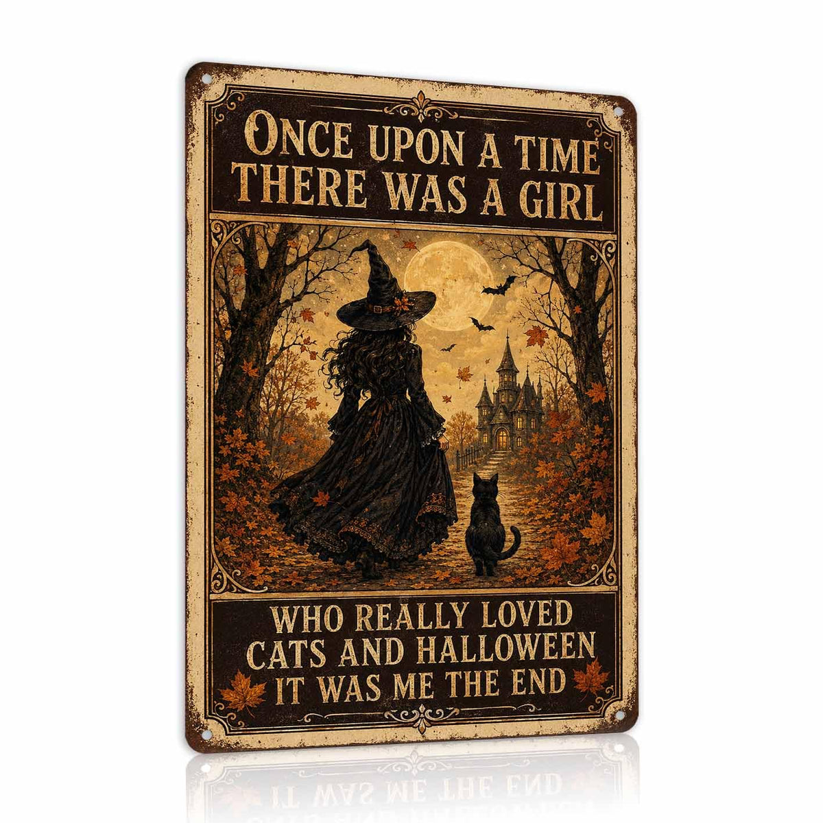 Once Upon a Time Halloween Metal Sign, Witch and Black Cat Wall Decor, Vintage Gothic Halloween Sign, Cozy Witchy Home Decoration
