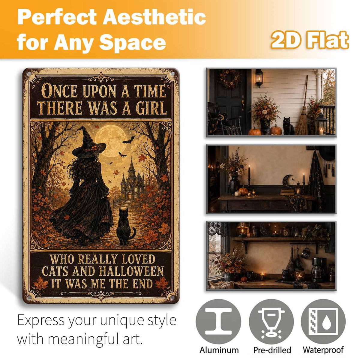 Once Upon a Time Halloween Metal Sign, Witch and Black Cat Wall Decor, Vintage Gothic Halloween Sign, Cozy Witchy Home Decoration
