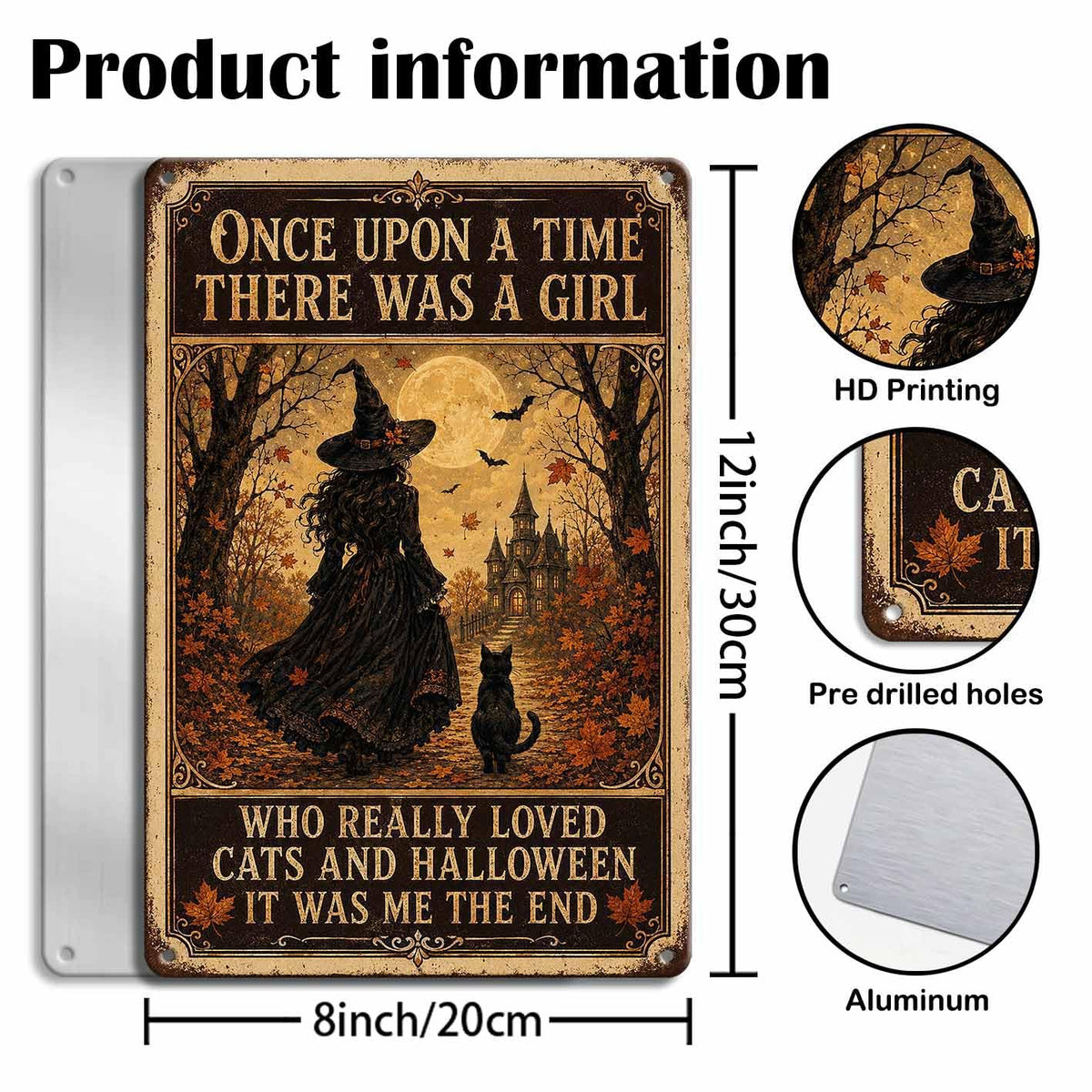 Once Upon a Time Halloween Metal Sign, Witch and Black Cat Wall Decor, Vintage Gothic Halloween Sign, Cozy Witchy Home Decoration