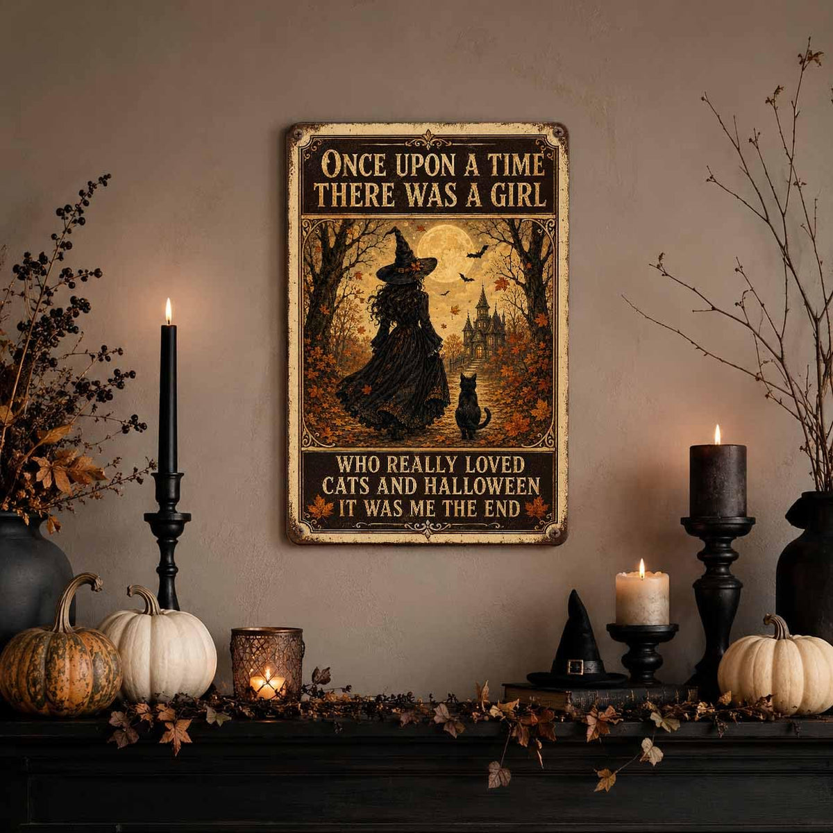 Once Upon a Time Halloween Metal Sign, Witch and Black Cat Wall Decor, Vintage Gothic Halloween Sign, Cozy Witchy Home Decoration