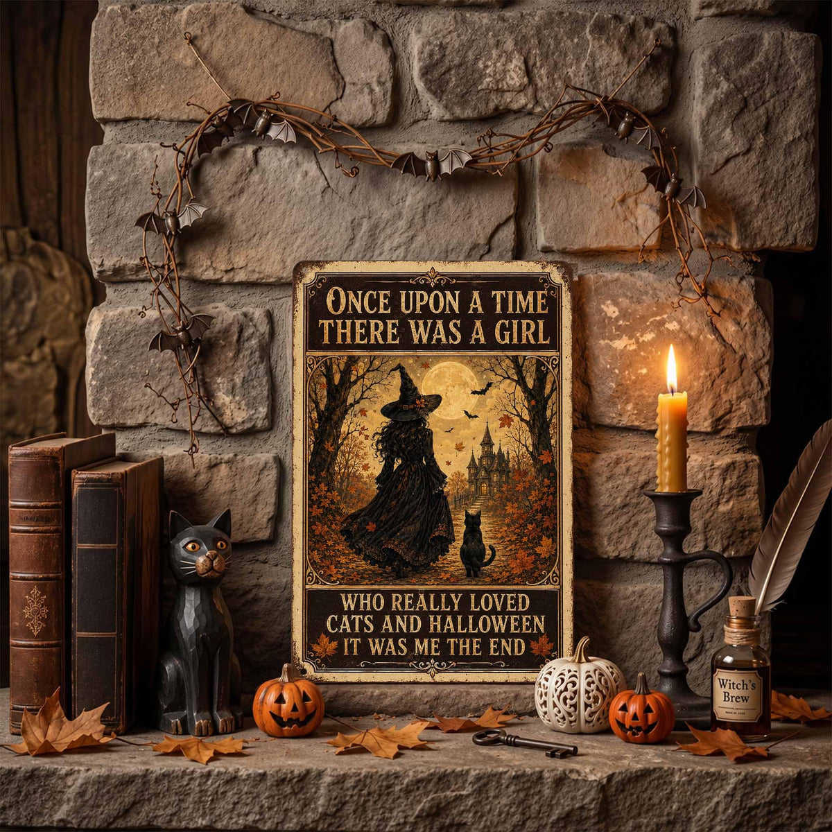 Once Upon a Time Halloween Metal Sign, Witch and Black Cat Wall Decor, Vintage Gothic Halloween Sign, Cozy Witchy Home Decoration