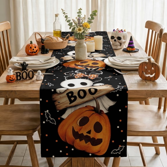 Jack O Lantern Black Cat Boo Ghost Halloween Table Runner