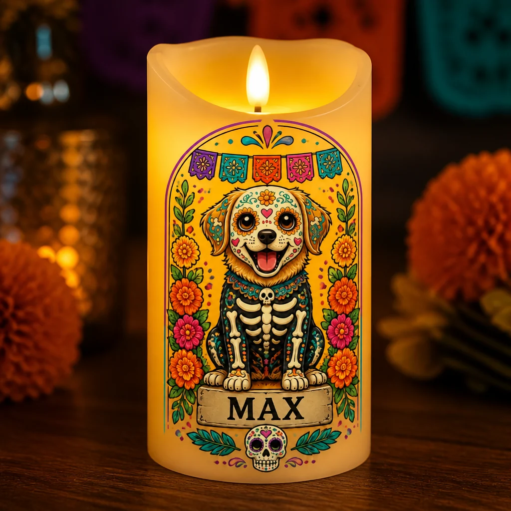 🎃Custom Día de los Muertos Pet Portrait LED Candle, Personalized Pet Flameless Candle, Day of the Dead Decor Gift for Dog & Cat Lovers