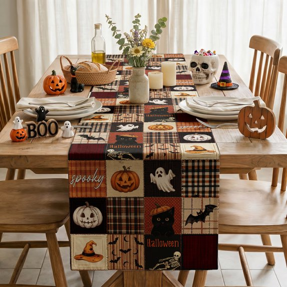 Patchwork Ghost Pumpkin Black Cat Bat Skeleton Witch Hat Halloween Table Runner, Seasonal Ghost Kitchen Dining Table Decoration for Home Party Decor