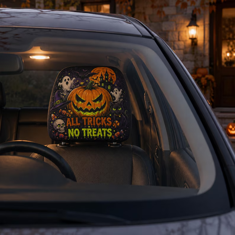 Dark Spooky Halloween Headrest Cover (1pc), Spider Witch Pumpkin Creepy Clown Car Decor, Spooky Auto Gift