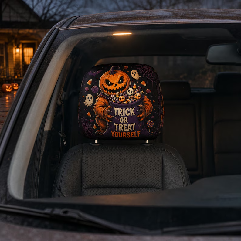 Dark Spooky Halloween Headrest Cover (1pc), Spider Witch Pumpkin Creepy Clown Car Decor, Spooky Auto Gift
