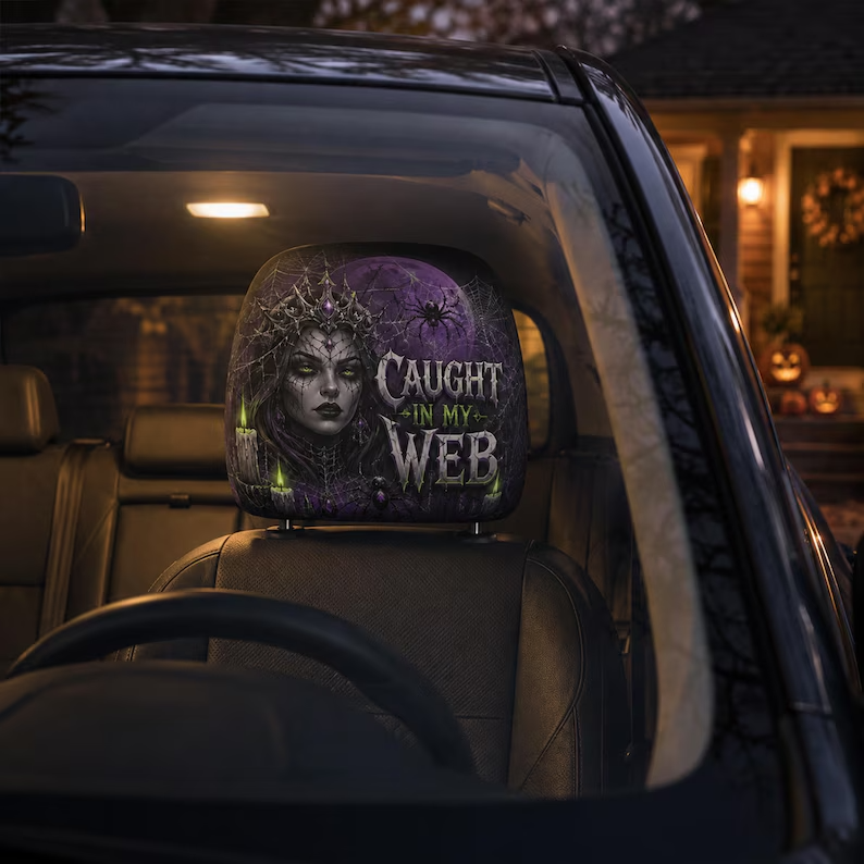 Dark Spooky Halloween Headrest Cover (1pc), Spider Witch Pumpkin Creepy Clown Car Decor, Spooky Auto Gift