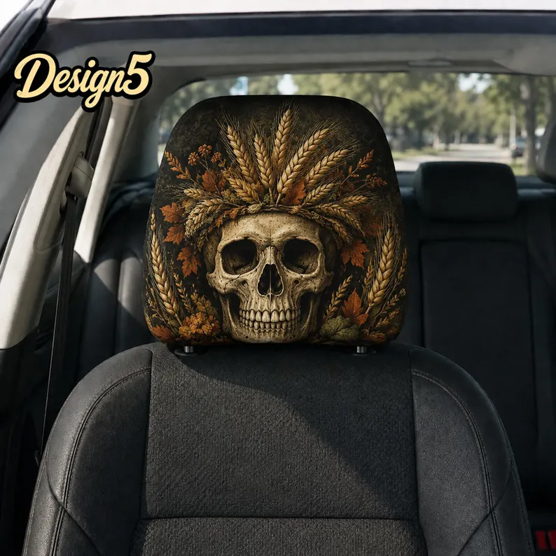 Gothic Skull Car Headrest Cover (1pc), Floral Skeleton Halloween Seat Cover, Dark Autumn Car Interior Decor