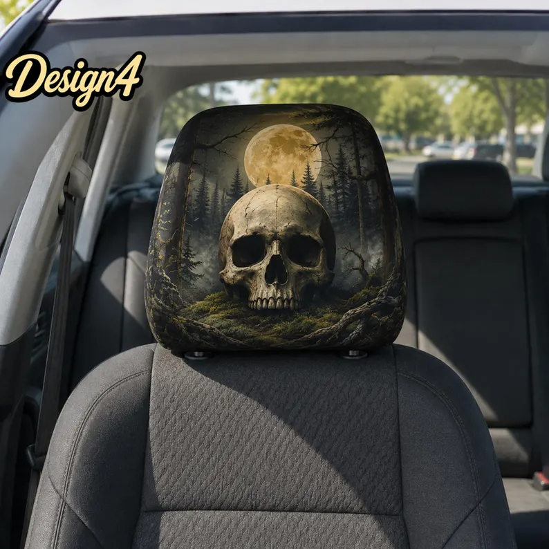 Gothic Skull Car Headrest Cover (1pc), Floral Skeleton Halloween Seat Cover, Dark Autumn Car Interior Decor