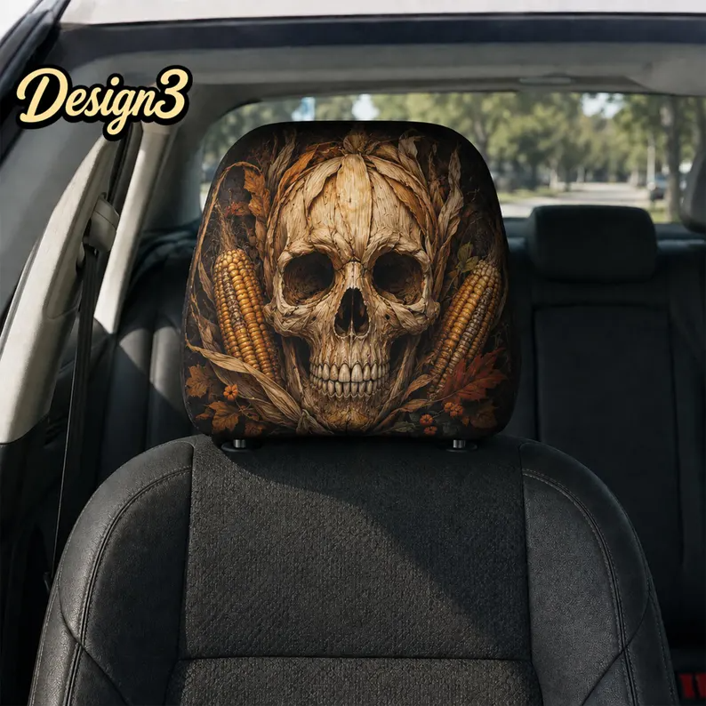 Gothic Skull Car Headrest Cover (1pc), Floral Skeleton Halloween Seat Cover, Dark Autumn Car Interior Decor