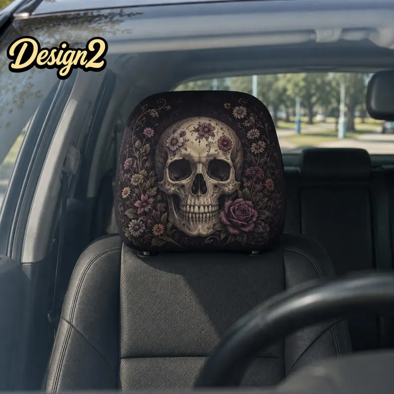 Gothic Skull Car Headrest Cover (1pc), Floral Skeleton Halloween Seat Cover, Dark Autumn Car Interior Decor