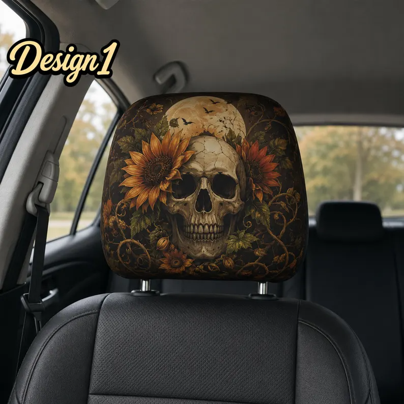 Gothic Skull Car Headrest Cover (1pc), Floral Skeleton Halloween Seat Cover, Dark Autumn Car Interior Decor