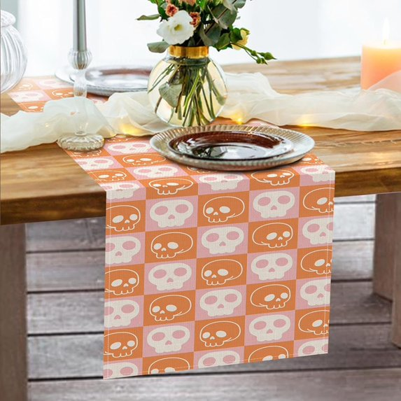 Halloween Linen Table Runner, Pink Orange Checkerboard Skull Print Table Runner, Cute Gothic Halloween Decor Table Runner for Dining Kitchen Party