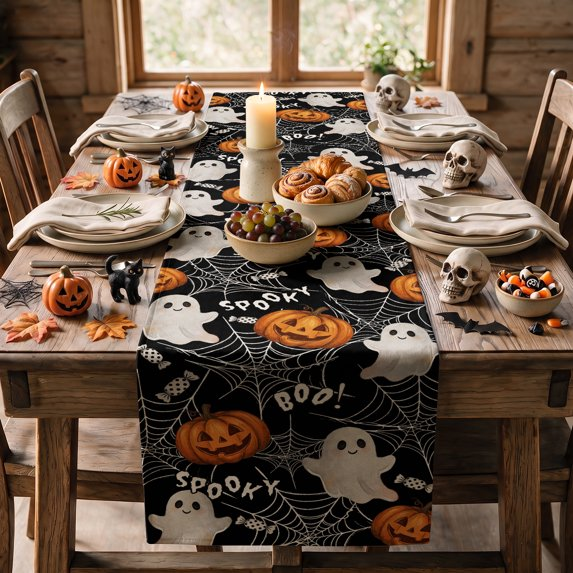 Boo Ghost Pumpkins Spider Halloween Table Runner, Seasonal Fall Kitchen Dining Table Decoration for Home Party Decor