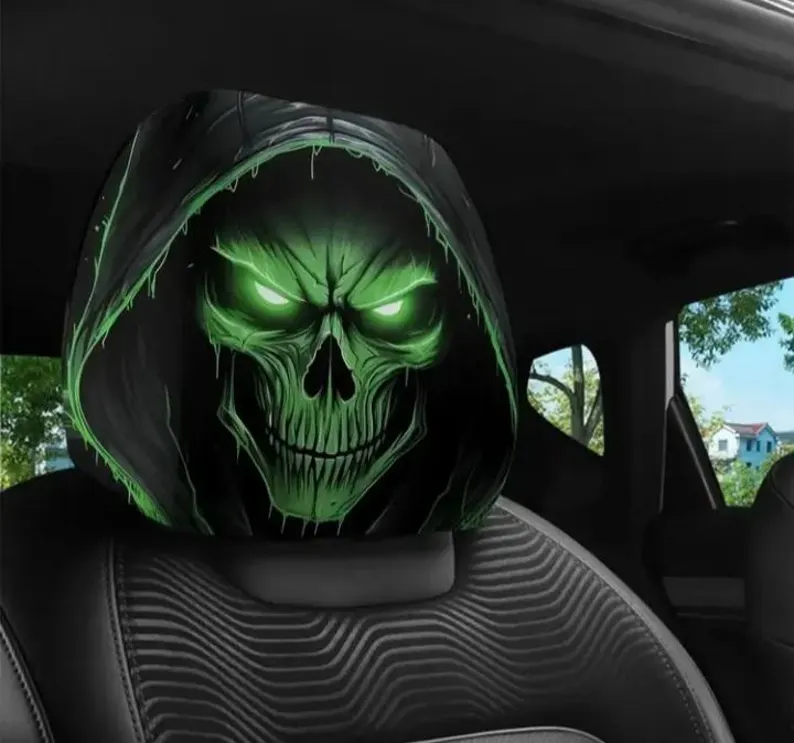 Car Headrest Cover (1pc) - Green Skull Themed Universal Vehicle Accessories - Horror Halloween Novelty Head Rest Covers