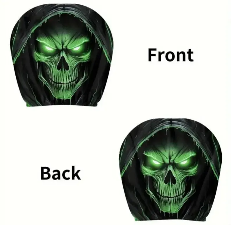 Car Headrest Cover (1pc) - Green Skull Themed Universal Vehicle Accessories - Horror Halloween Novelty Head Rest Covers