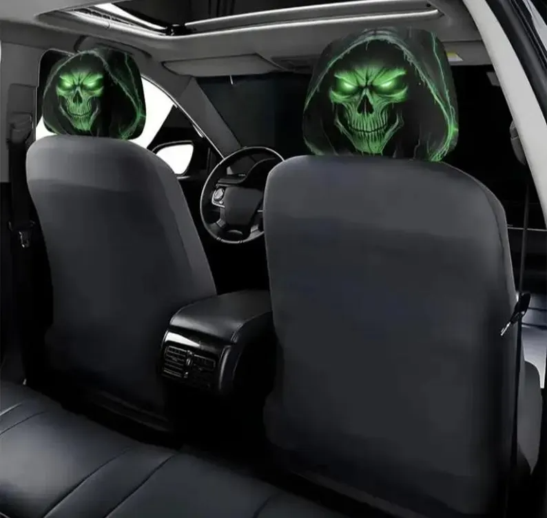 Car Headrest Cover (1pc) - Green Skull Themed Universal Vehicle Accessories - Horror Halloween Novelty Head Rest Covers