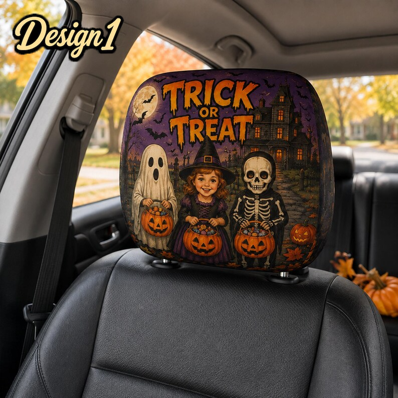 Classic Spooky Halloween Headrest Cover (1pc), Witch Pumpkin Ghost Skeleton Car Decor