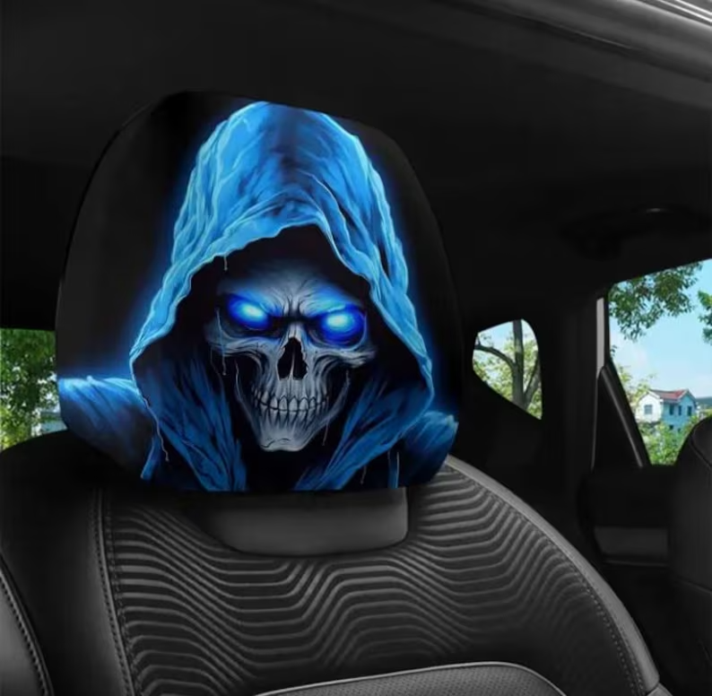 Car Headrest Cover (1pc) - Grey Skull With Blue Hood Themed Universal Vehicle Accessories - Horror Halloween Novelty Head Rest Covers