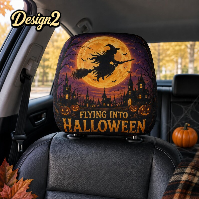 Classic Spooky Halloween Headrest Cover (1pc), Witch Pumpkin Ghost Skeleton Car Decor