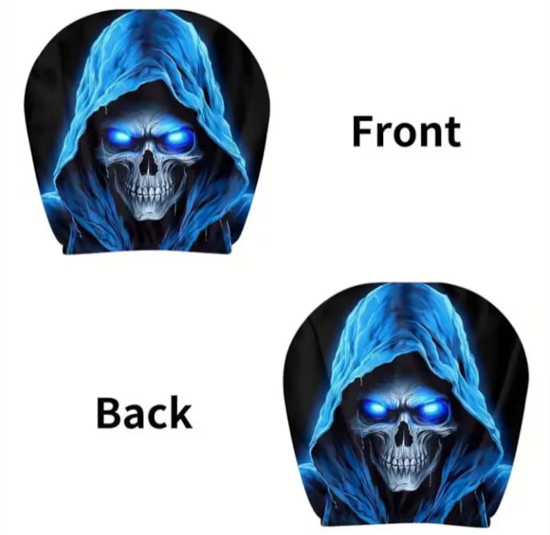 Car Headrest Cover (1pc) - Grey Skull With Blue Hood Themed Universal Vehicle Accessories - Horror Halloween Novelty Head Rest Covers