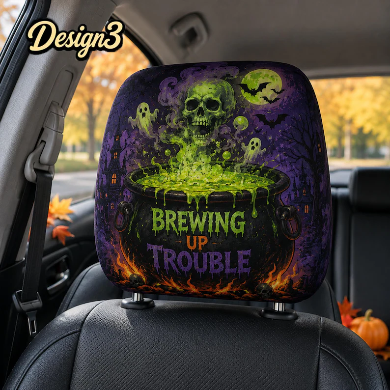 Classic Spooky Halloween Headrest Cover (1pc), Witch Pumpkin Ghost Skeleton Car Decor