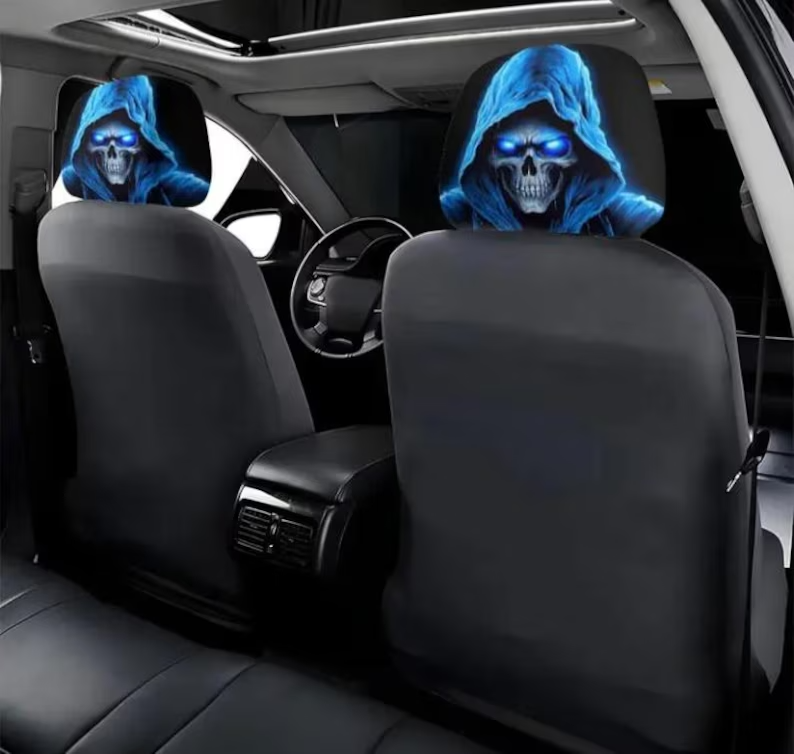 Car Headrest Cover (1pc) - Grey Skull With Blue Hood Themed Universal Vehicle Accessories - Horror Halloween Novelty Head Rest Covers