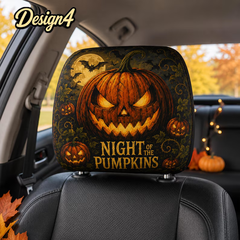 Classic Spooky Halloween Headrest Cover (1pc), Witch Pumpkin Ghost Skeleton Car Decor