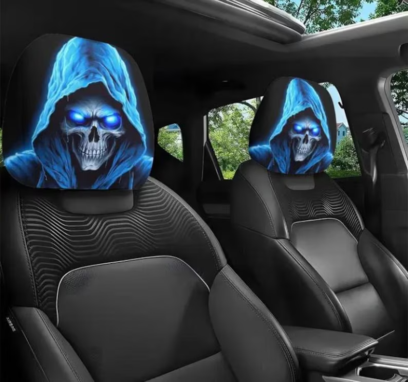 Car Headrest Cover (1pc) - Grey Skull With Blue Hood Themed Universal Vehicle Accessories - Horror Halloween Novelty Head Rest Covers