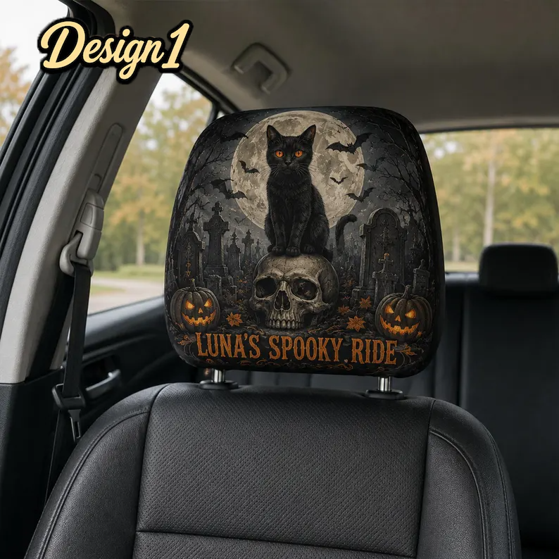 Gothic Halloween Headrest Cover (1pc), Vintage Witch Pumpkin Skeleton Car Decor, Spooky Black Cat Auto Accessory