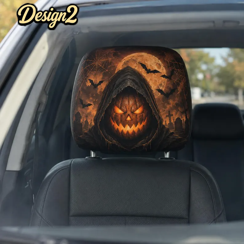 Gothic Halloween Headrest Cover (1pc), Vintage Witch Pumpkin Skeleton Car Decor, Spooky Black Cat Auto Accessory