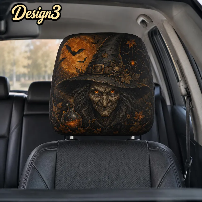 Gothic Halloween Headrest Cover (1pc), Vintage Witch Pumpkin Skeleton Car Decor, Spooky Black Cat Auto Accessory