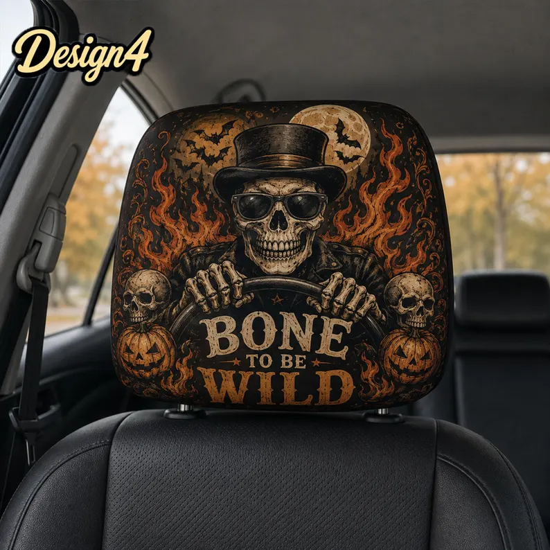 Gothic Halloween Headrest Cover (1pc), Vintage Witch Pumpkin Skeleton Car Decor, Spooky Black Cat Auto Accessory