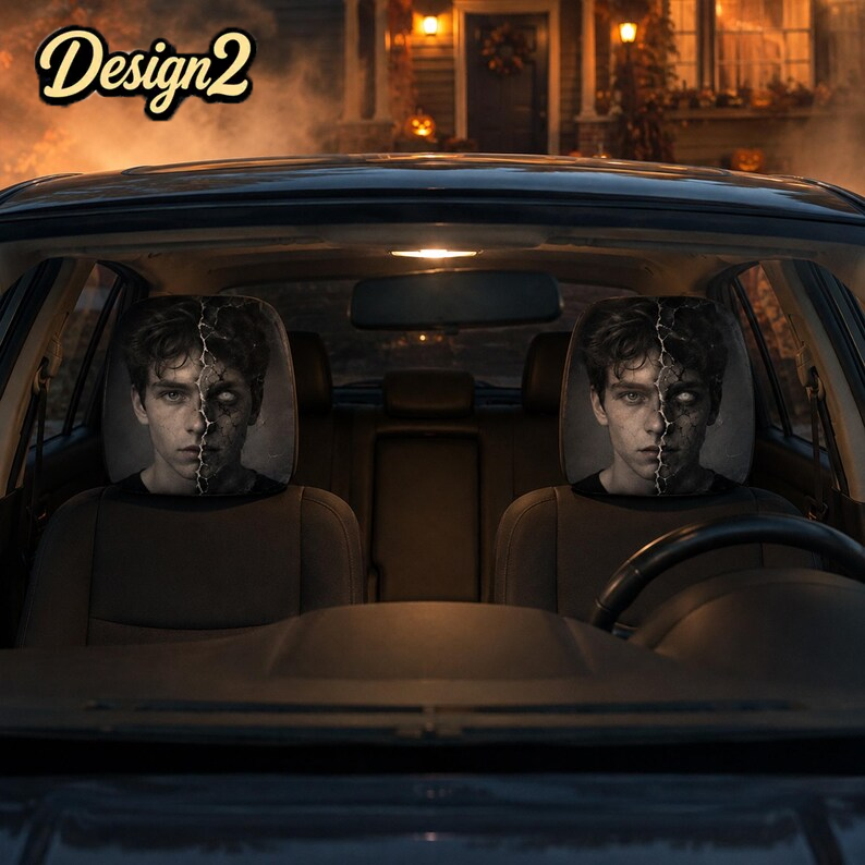 Haunted Face Car Headrest Cover (1pc), Ghost Woman, Possessed Nun, Cracked Face Halloween Car Decor