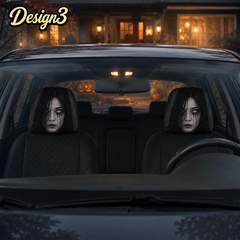 Haunted Face Car Headrest Cover (1pc), Ghost Woman, Possessed Nun, Cracked Face Halloween Car Decor