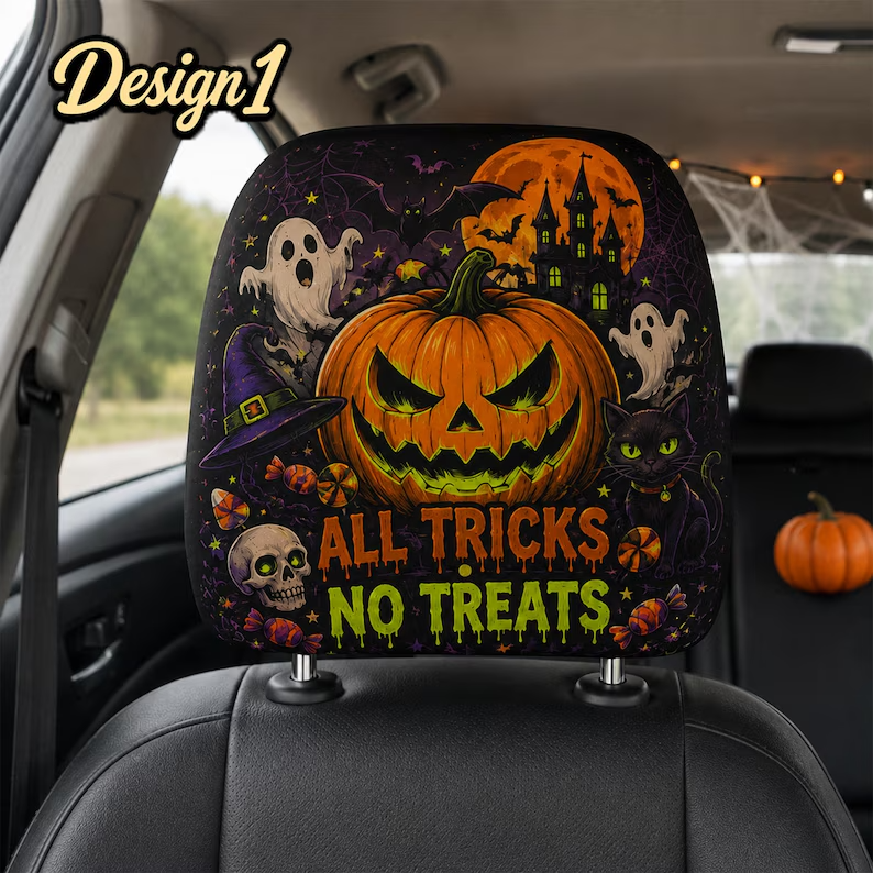 Dark Spooky Halloween Headrest Cover (1pc), Spider Witch Pumpkin Creepy Clown Car Decor, Spooky Auto Gift