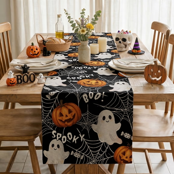 Boo Ghost Pumpkins Spider Halloween Table Runner, Seasonal Fall Kitchen Dining Table Decoration for Home Party Decor