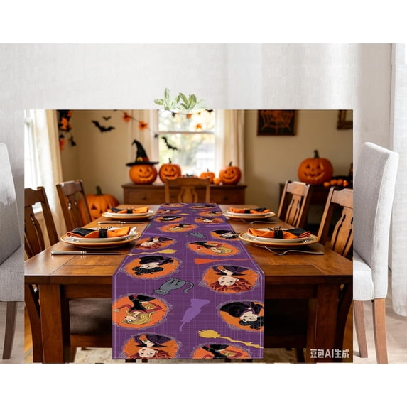 Halloween Witches Black Cat Dining Table Runner, Funny Hocus Pocus Kitty Broom Burlap Kitchen Decoration, Indoor Outdoor Home Decor Party Supply