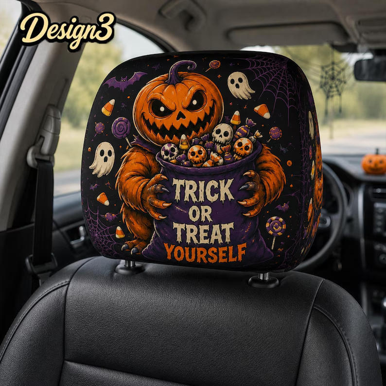 Dark Spooky Halloween Headrest Cover (1pc), Spider Witch Pumpkin Creepy Clown Car Decor, Spooky Auto Gift