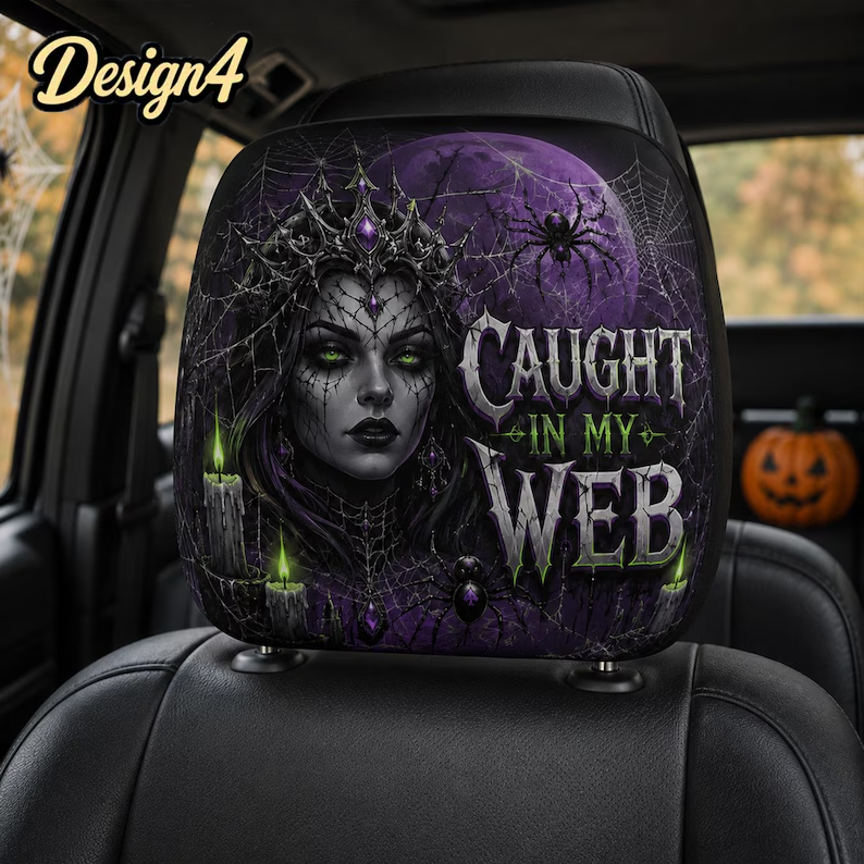 Dark Spooky Halloween Headrest Cover (1pc), Spider Witch Pumpkin Creepy Clown Car Decor, Spooky Auto Gift